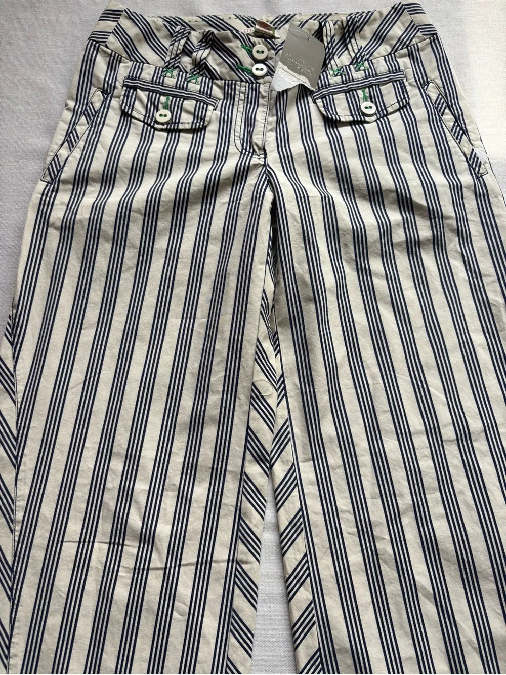 NWT Anthropologie Striped Wide Leg Full Length Pants Beige Navy Size 4 - Picture 4 of 10